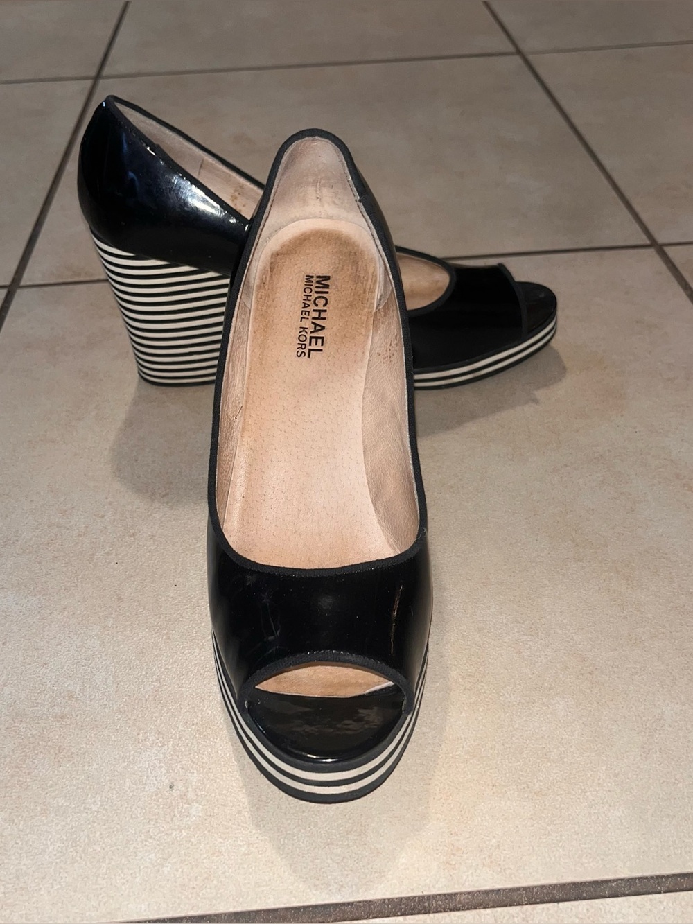 Michael Kors Black Patent Peep-Toe Wedge with Striped Platform